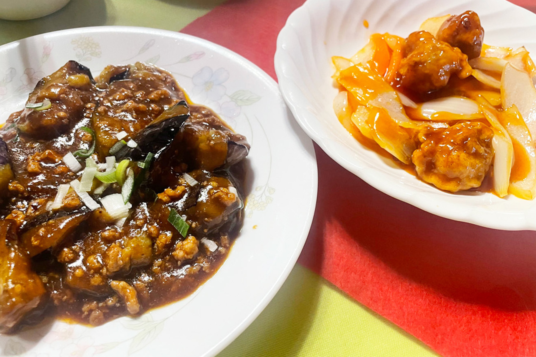 燕来香の酢豚とナスのピリ辛みそ炒め