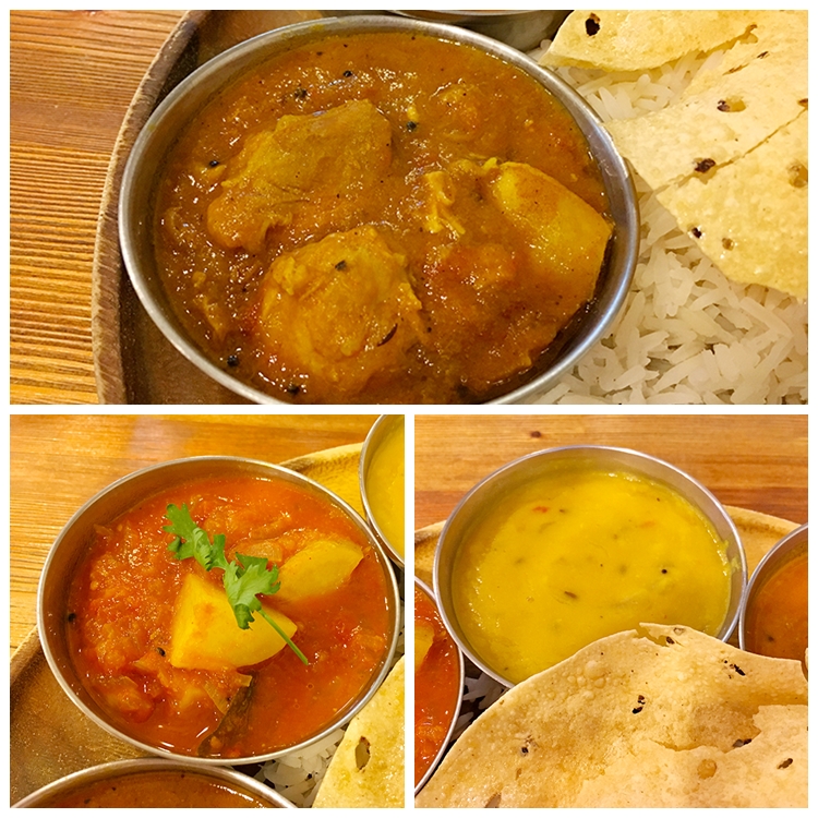 大岩食堂の定番チキンカレー・新じゃがとトマトのカレー・パリップ:豆カレー
