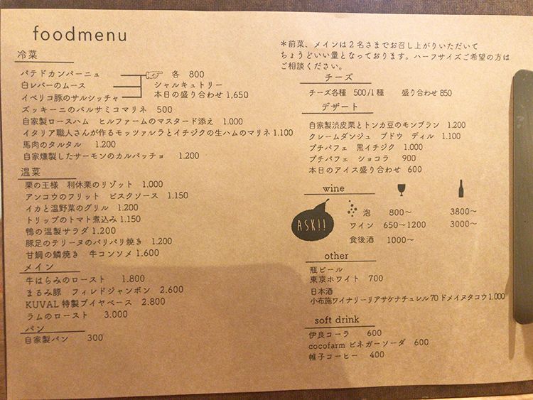 kuvalのメニュー