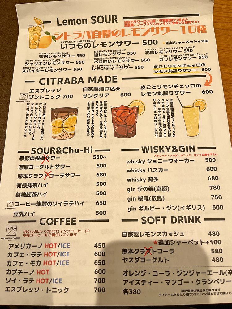 Pizzer Citrabaのメニュー