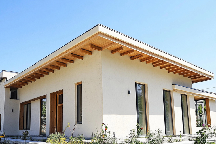 モルタル×木目調のドアや軒天(のきてん)の一戸建て
